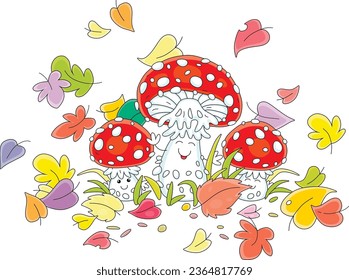 Red fly agarics among grass and flying colorful leaves in an autumn forest, funny Kawaii characters, vector cartoon illustration isolated on a white background