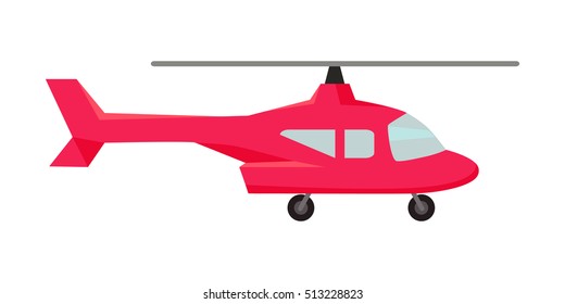 Red fly helicopter icon. Helicopters fly air transportation and sky rotor helicopters. Helicopters travel aviation propeller. Isolated object in flat design on white background.