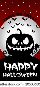 Red flyer with black silhouette pumpkin and "Happy Halloween" wish. White moon and black bats with big single Jack-o-lantern.