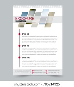 Red flyer design template with built in images. Brochure for business, education, presentation, advertisement. Corporate identity concept. Editable vector illustration.