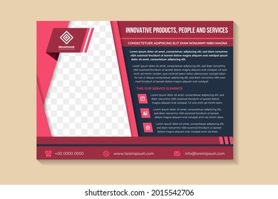 red flyer template design with example headline is innovative products, people and services. Space of photo. Advertising banner with horizontal layout. dark blue background with infographic.