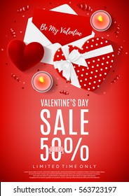 Red flyer for Valentine's Day sale. Top view on composition with gift box, case for ring, candles and confetti. Vector illustration.