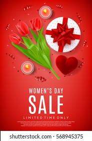 Red flyer for Women's Day sale. Top view on composition with red flowers, gift box, red case for ring and candles. Vector illustration with serpentine and confetti.