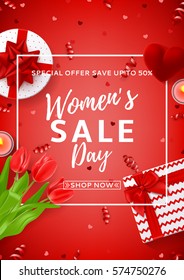Red flyer for Women's Day sale. Top view on composition with red tulips, gift boxes, case for ring and candles. Vector illustration with serpentine and confetti.