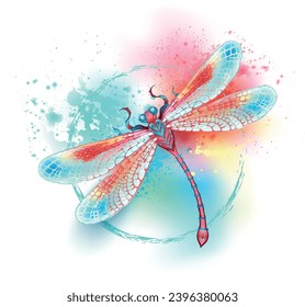 Red, flying, artistically drawn, in bright colors with textured iridescent, blue wings on white background, painted over with splashes of watercolor paint. Bright red dragonfly. Hand drawn vector art.