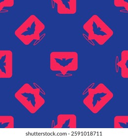 Red Flying bat icon isolated seamless pattern on blue background. Happy Halloween party.  Vector