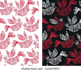 Fondo de pájaro volador rojo. Patrón floral dibujado a mano. Fondo de flores y hojas. Patrón de verano de primavera.