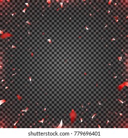 Red Flying Confetti Isolated on Transparent Backdrop. Vector illustration with sunbeams. Shiny background with lights of sparks. Sunburst effect.