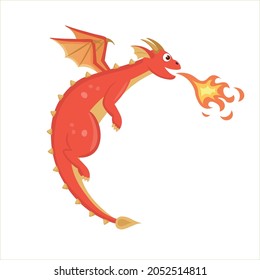 The red flying dragon blowing fire. Vector illustration in cartoon style.