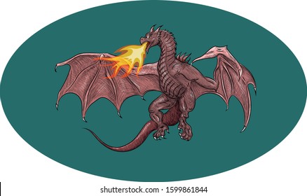 Red flying dragon spew fire vector illustration. Fantasy mythological poster logo print. Freehand drawn colored medieval fairy tale creature. Strength power might sign symbol