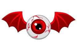Red Flying Eyeball, Vector Illustration Of Flying Human Eyeball With Bat Or Dragon Wings