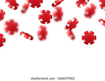 Red flying falling casino poker chips isolated on white background. Jackpot or winner concept. Vector illustration
