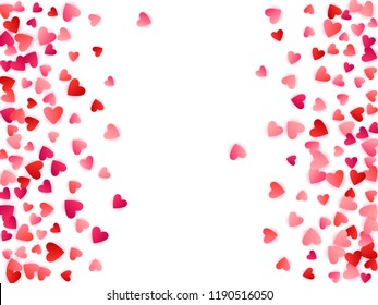 Red flying hearts bright love passion frame border vector background. Cartoon confetti love signs holiday pattern. Sweet flying red hearts scatter for Valentines Day decoration.