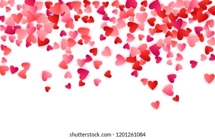 Red flying hearts bright love passion vector background. Amour backdrop. Cartoon confetti love symbols pattern. Fantastic flying red hearts scatter for Valentines Day card.