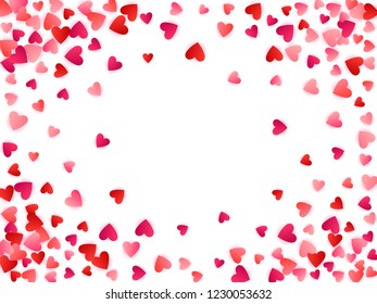 Red flying hearts bright love passion frame border vector background. Romantic emotions symbols confetti. Sweet flying red hearts scatter for birthday card.