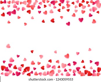 Red flying hearts bright love passion frame border vector background. Cartoon confetti love signs holiday pattern. Beautiful flying red hearts scatter for Valentines Day card.