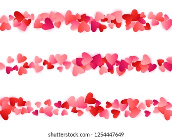 Red flying hearts bright love passion vector background. Amour backdrop. Cartoon confetti love signs holiday pattern. Marvelous flying red hearts scatter for Valentines Day decoration.