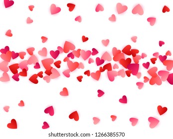 Red flying hearts bright love passion vector background. Cartoon confetti love symbols pattern. Dreamy flying red hearts scatter for Valentines Day decor.