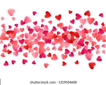 Red flying hearts bright love passion vector background. Amour icons backdrop. Cartoon confetti love symbols pattern. Modern flying red hearts scatter for Valentines Day decor.