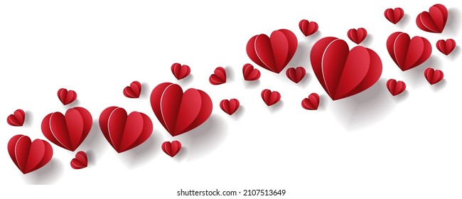 Red flying hearts isolated on transparent background. Vector illustration. Paper cut decorations for Valentine's day border or frame design.