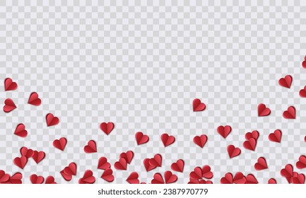 Red flying hearts isolated on transparent background. Vector Illustration. Paper embellishments to decorate a frame or a frame for Valentine's Day,