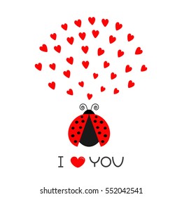 Red flying lady bug insect with hearts. Cute cartoon character. Happy Valentines Day. I Love you text. Greeting card. White background. Flat design. Vector illustration