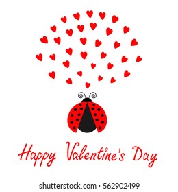 Red flying lady bug insect with hearts. Cute cartoon character. Happy Valentines Day. Love card. White background. Flat design. Vector illustration