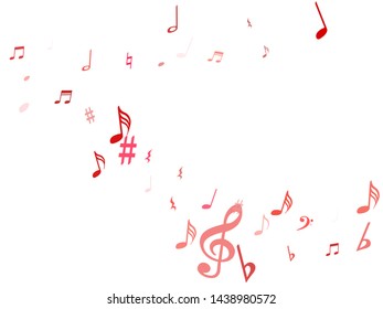 Red flying musical notes isolated on white background. Magenta musical notation symphony signs, notes for sound and tune music. Vector symbols for melody recording, prints and back layers.