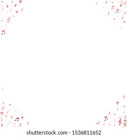 Red flying musical notes isolated on white backdrop. Fresh musical notation symphony signs, notes for sound and tune music. Vector symbols for melody recording, prints and back layers.