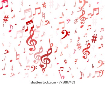 Red flying musical notes isolated on white backdrop. Stylish musical notation symphony signs, notes for sound and tune music. Vector symbols for melody recording, prints and back layers.