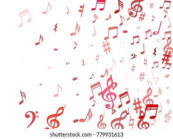 Red flying musical notes isolated on white backdrop. Magenta musical notation symphony signs, notes for sound and tune music. Vector symbols for melody recording, prints and back layers.