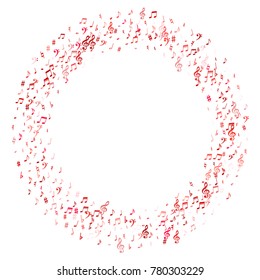 Red flying musical notes isolated on white backdrop. Magenta musical notation symphony signs, notes for sound and tune music. Vector symbols for melody recording, prints and back layers.