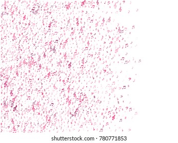 Red flying musical notes isolated on white backdrop. Fresh musical notation symphony signs, notes for sound and tune music. Vector symbols for melody recording, prints and back layers.