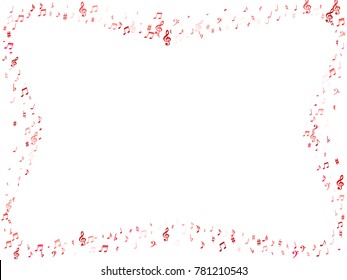 Red flying musical notes isolated on white backdrop. Purple musical notation symphony signs, notes for sound and tune music. Vector symbols frame for melody recording, prints and back layers.