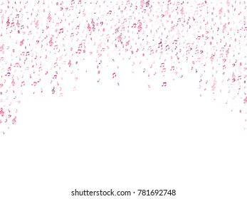 Red flying musical notes isolated on white background. Magenta musical notation symphony signs, notes for sound and tune music. Vector symbols for melody recording, prints and back layers.