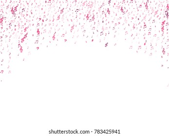 Red flying musical notes isolated on white backdrop. Purple musical notation symphony signs, notes for sound and tune music. Vector symbols for melody recording, prints and back layers.