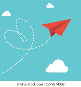 Red Flying Origami Paper Plane Dashed Line Heart Loop Happy Valentines Day Greeting Card