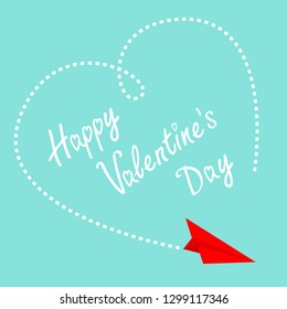 Red flying origami paper plane. Big dash heart in the sky. Happy Valentines Day Love card. Flat design. Blue background. Isolated. Vector illustration