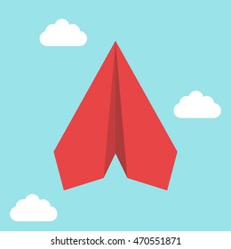 Red flying paper plane on blue sky background with clouds. Leadership, success and start concept. Flat design. Vector illustration. EPS 8, no transparency