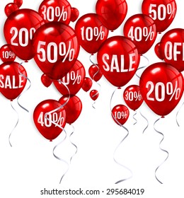 Red flying party balloons with text SALE and discount.