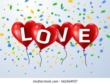 Red flying party Heart balloons with text LOVE.Valentine's Day concept.Vector illustration EPS 10