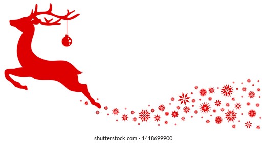 Red Flying Reindeer With Christmas Ball Looking Forward Stars