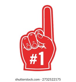 A red foam finger vector illustration displaying the number one sign, designed in a bold, flat art style. This spirited fan accessory represents victory, support, and sports enthusiasm, making it suitable for sports event banners, team logos, cheering icons, or competition-themed graphic designs