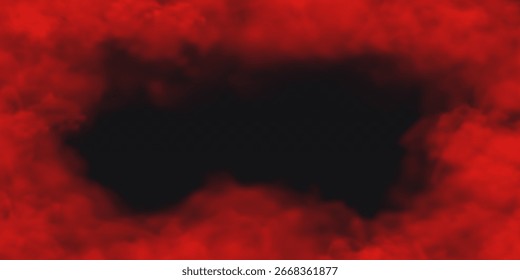 Borde de marco de efecto de niebla roja sobre fondo oscuro transparente. Nube de humo de Vector.
