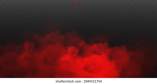 Red fog or smok. Realistic fog. Atmosphere mist effect and smoke clouds isolated on transparent background. Vector abstract cloud texture