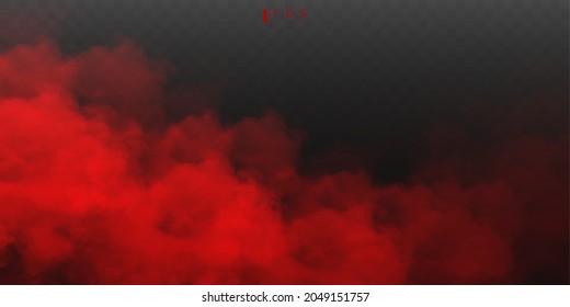 Red fog or smok. Realistic fog. Atmosphere mist effect and smoke clouds isolated on transparent background. Vector abstract cloud texture