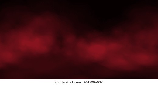 Nevoeiro vermelho ou nuvem de fumaça sobre fundo preto. Ilustração realista do vetor de efeito de fumaça. Nuvens de gás, névoa fumegante, vapor tóxico, fenômeno meteorológico, condensação sobre a superfície terrestre ou aquática.