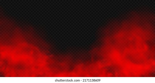 Red fog or smoke isolated on transparent background. Red cloudiness, mist or smoke background. Vector realistic illustration