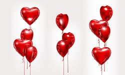 Red Foil Air Balloons Set. Collection Of Different Bunch Of Heart Shaped Balloons. Party Compositions. Valentines Day Decoration