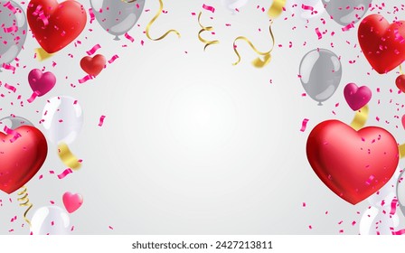 Red foil air balloons set. Collection of different bunch of heart shaped balloons. Party compositions